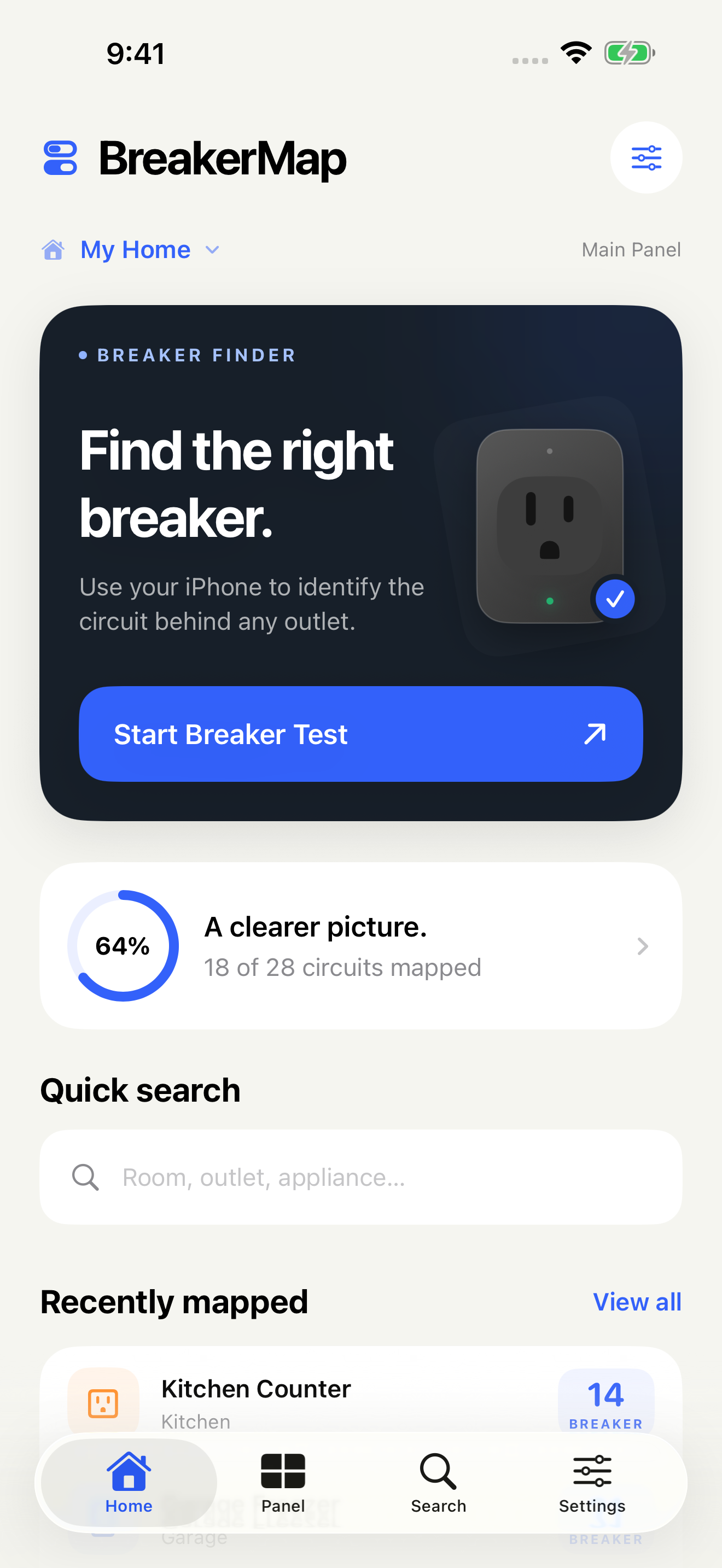 BreakerMap home screen with the breaker finder and your panel’s mapping progress.