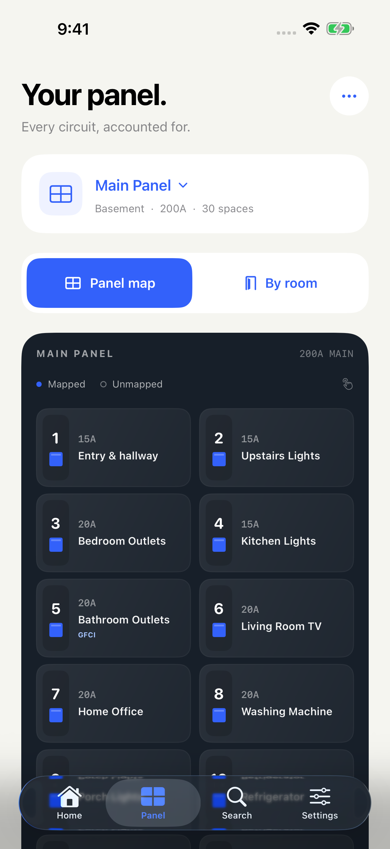 BreakerMap panel map showing numbered circuits and the rooms they power.